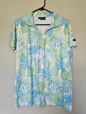 Yatta Golf Women’s XXL Fairway Flora Tropical Leaf Polo - Aqua & Mint